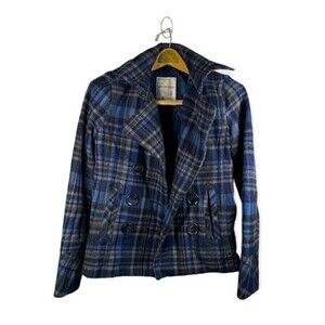 𝅺AEROPOSTALE Women's Coat Wool Blend Peacoat Blue Plaid Size Small